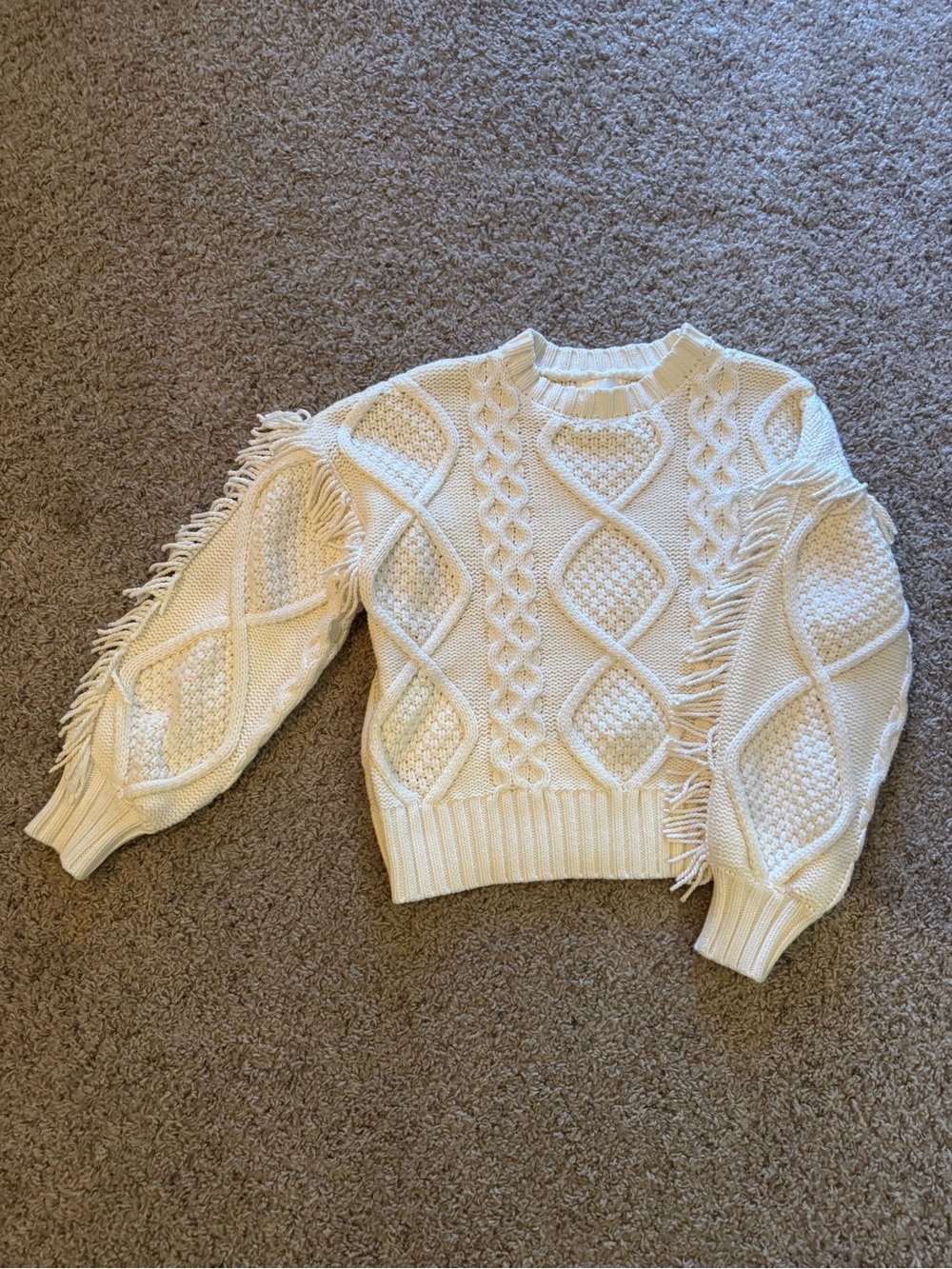 Evereve Cream Cable Knit Fringe Crewneck Sweater